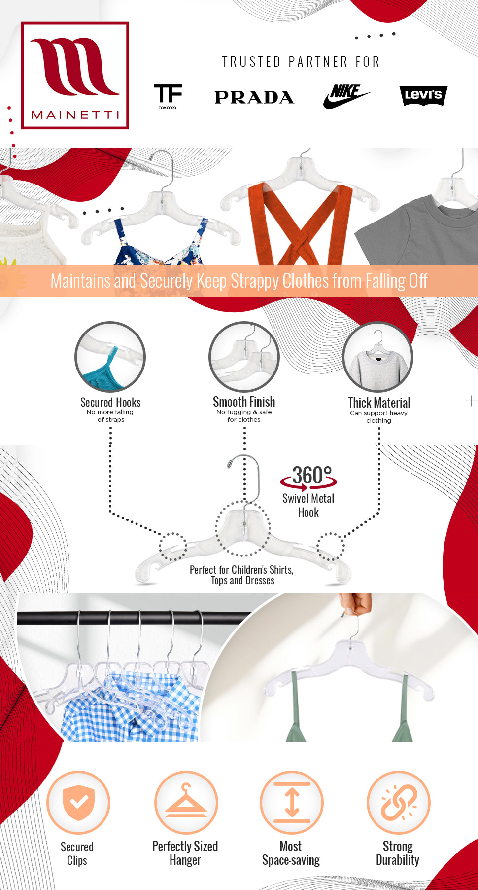 Cintres pour hauts de chemise de 12 po avec crochet pivotant en métal à 360° et encoches pour bretelles en plastique transparent (Mainetti 5075)