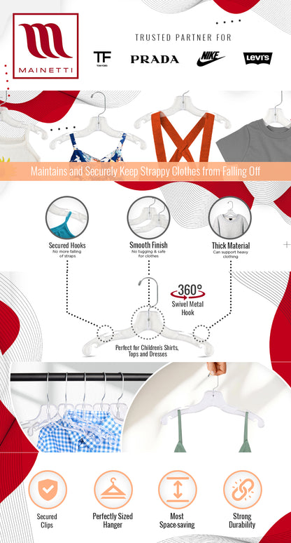 Cintres pour hauts de chemise de 12 po avec crochet pivotant en métal à 360° et encoches pour bretelles en plastique transparent (Mainetti 5075)