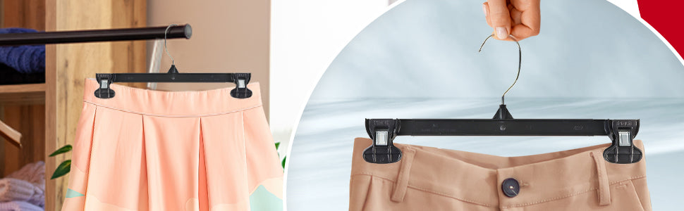12" Black Plastic Pant/Skirt Slack Bottom Hangers With Turnable Metal Hook & Non-Slip Clips (Mainetti 6012)