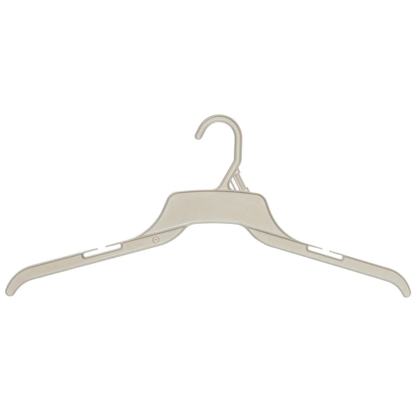 Beige plastic clothes hanger with notches and wide shoulders on white background