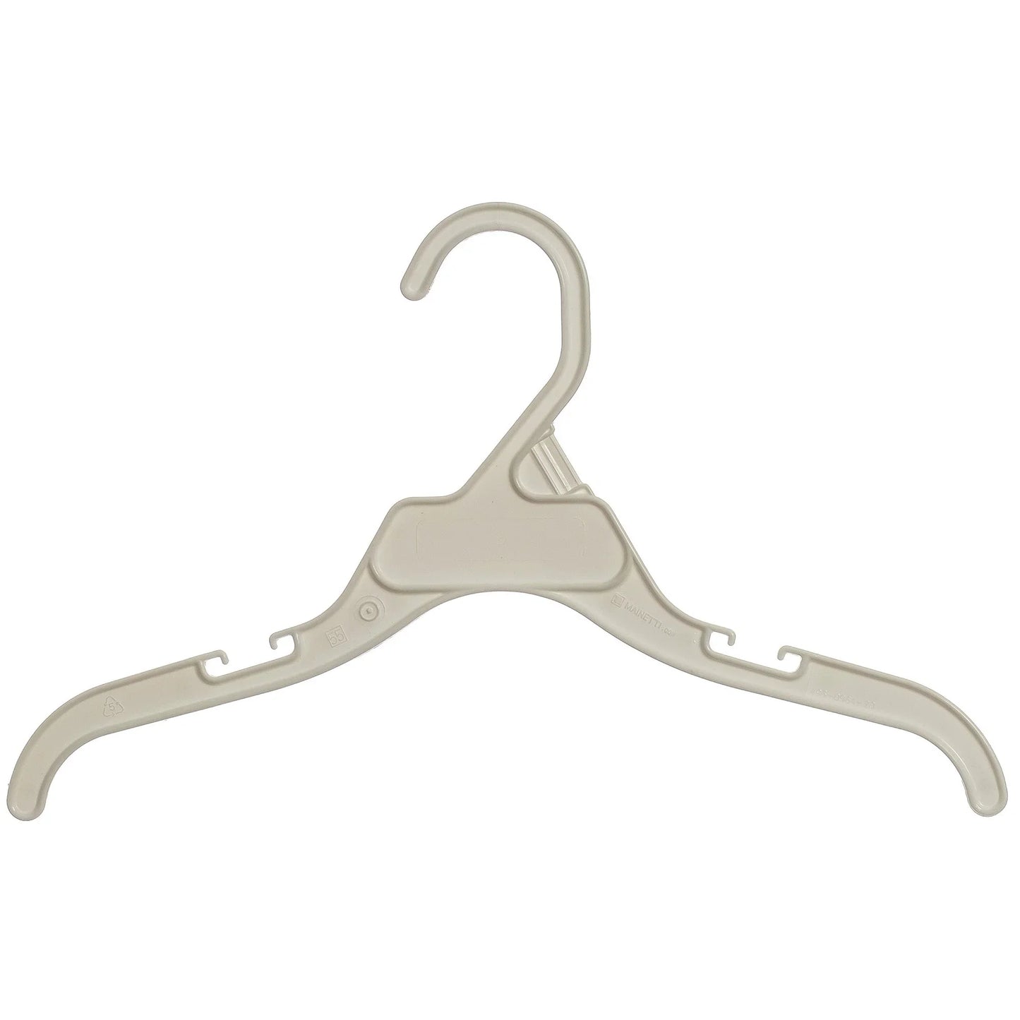 Beige plastic retail clothes hanger with hooks and a smooth finish on white background