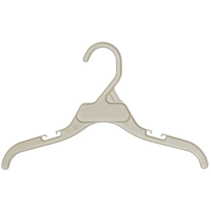 Beige plastic retail clothes hanger with hooks and a smooth finish on white background