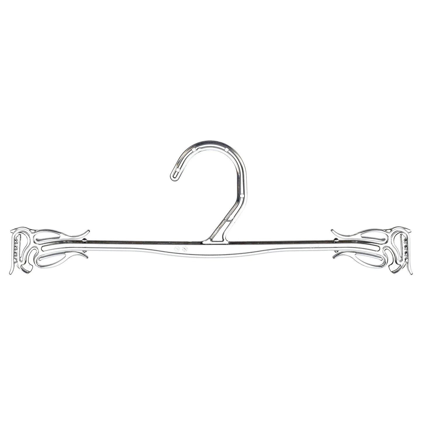Clear plastic garment hanger with adjustable clips for retail clothing display
