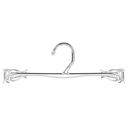 Clear plastic garment hanger with adjustable clips for retail clothing display