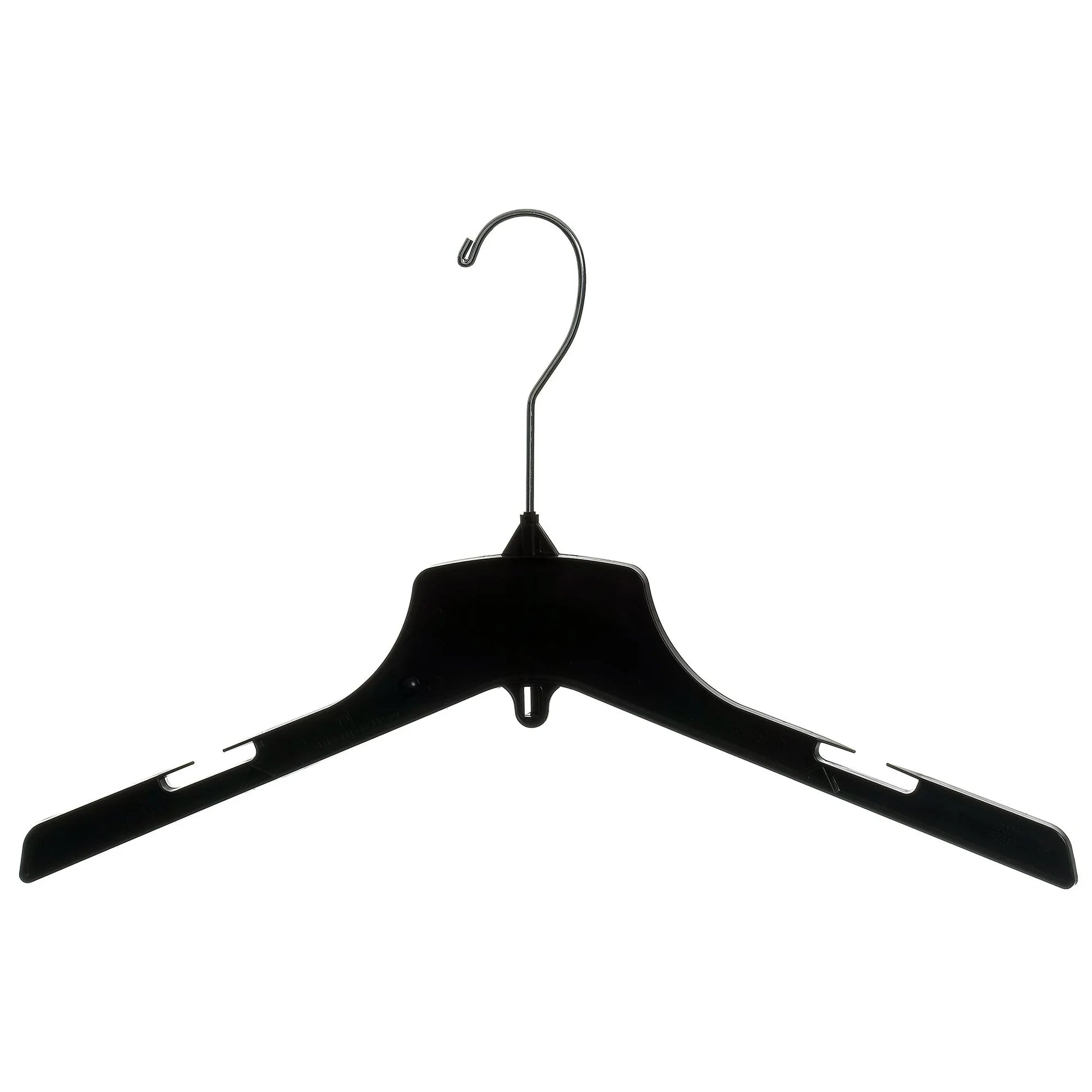 Black plastic clothing hanger with notched shoulders and metal hook on white background