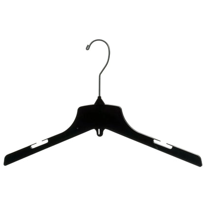 Black plastic clothing hanger with notched shoulders and metal hook on white background