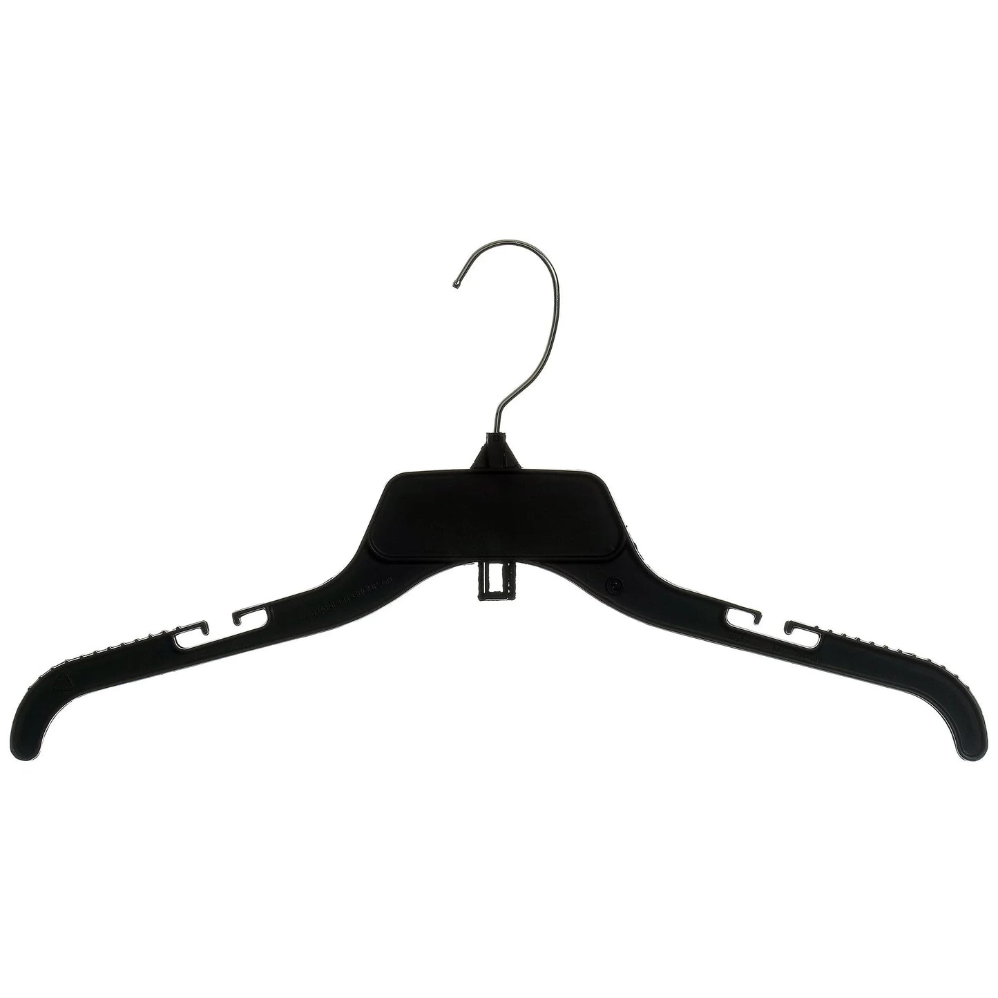 Black plastic clothes hanger with metal hook and textured non-slip arms on white background