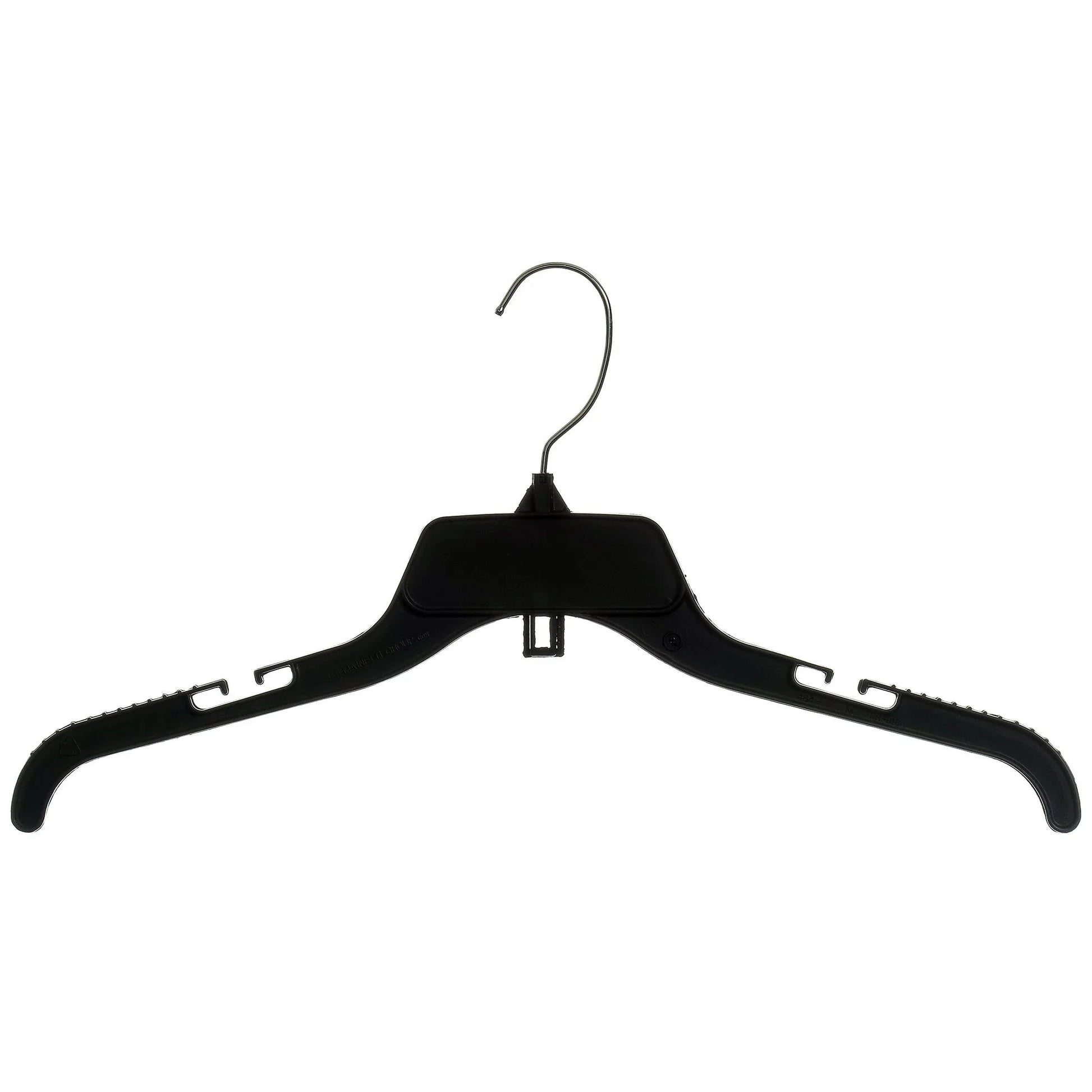 Black plastic clothes hanger with metal hook and textured non-slip arms on white background