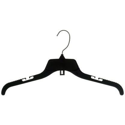 Black plastic clothes hanger with metal hook and textured non-slip arms on white background