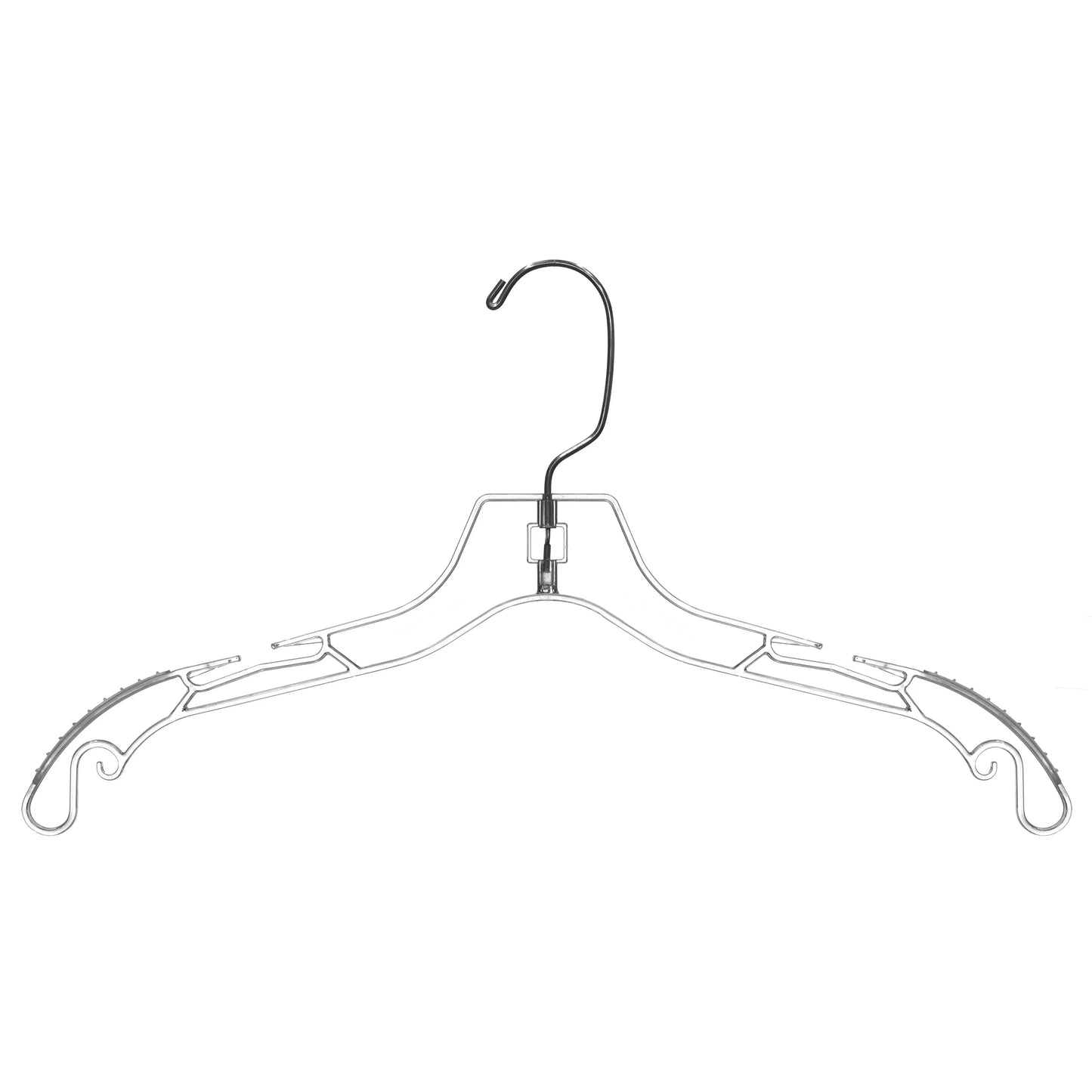 Clear plastic garment hanger with notches and textured shoulders on a white background