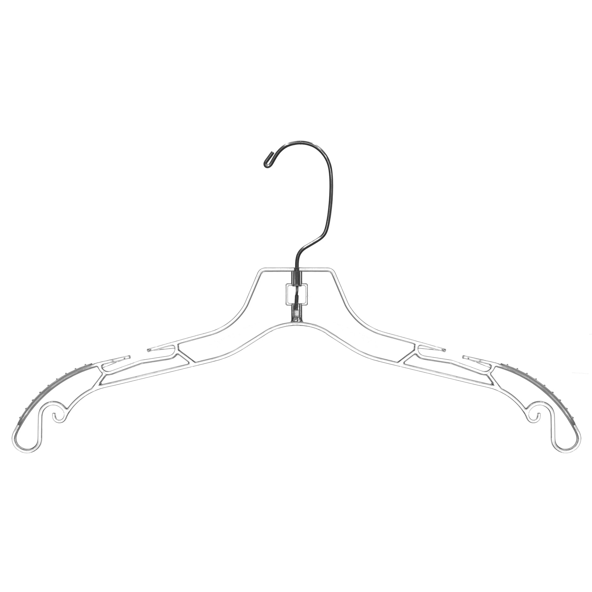 Clear plastic garment hanger with notches and textured shoulders on a white background