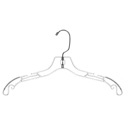 Clear plastic garment hanger with notches and textured shoulders on a white background