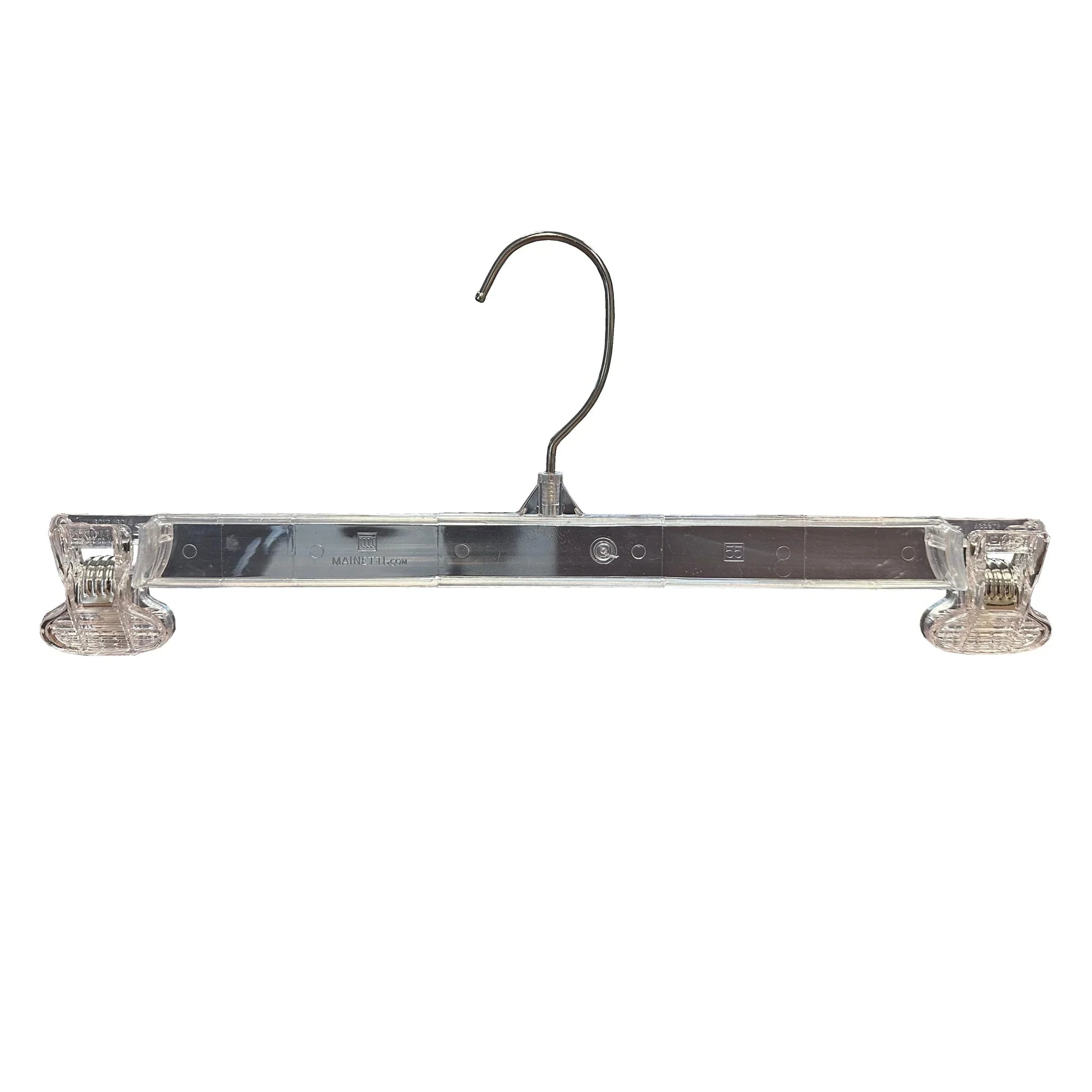 Clear plastic pants hanger with metal hook and adjustable clips on white background