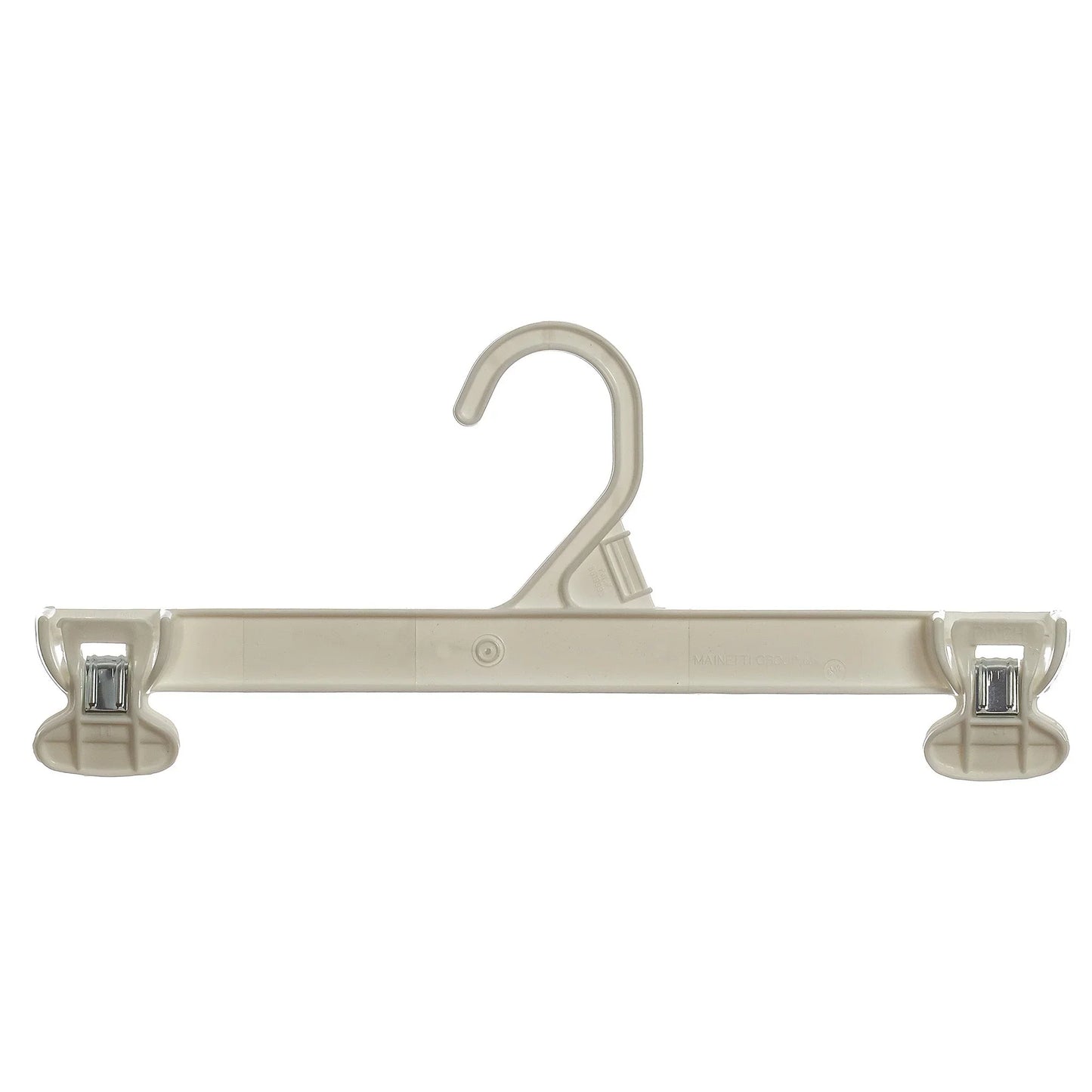 Beige plastic clothes hanger with adjustable pant clips, isolated on white background